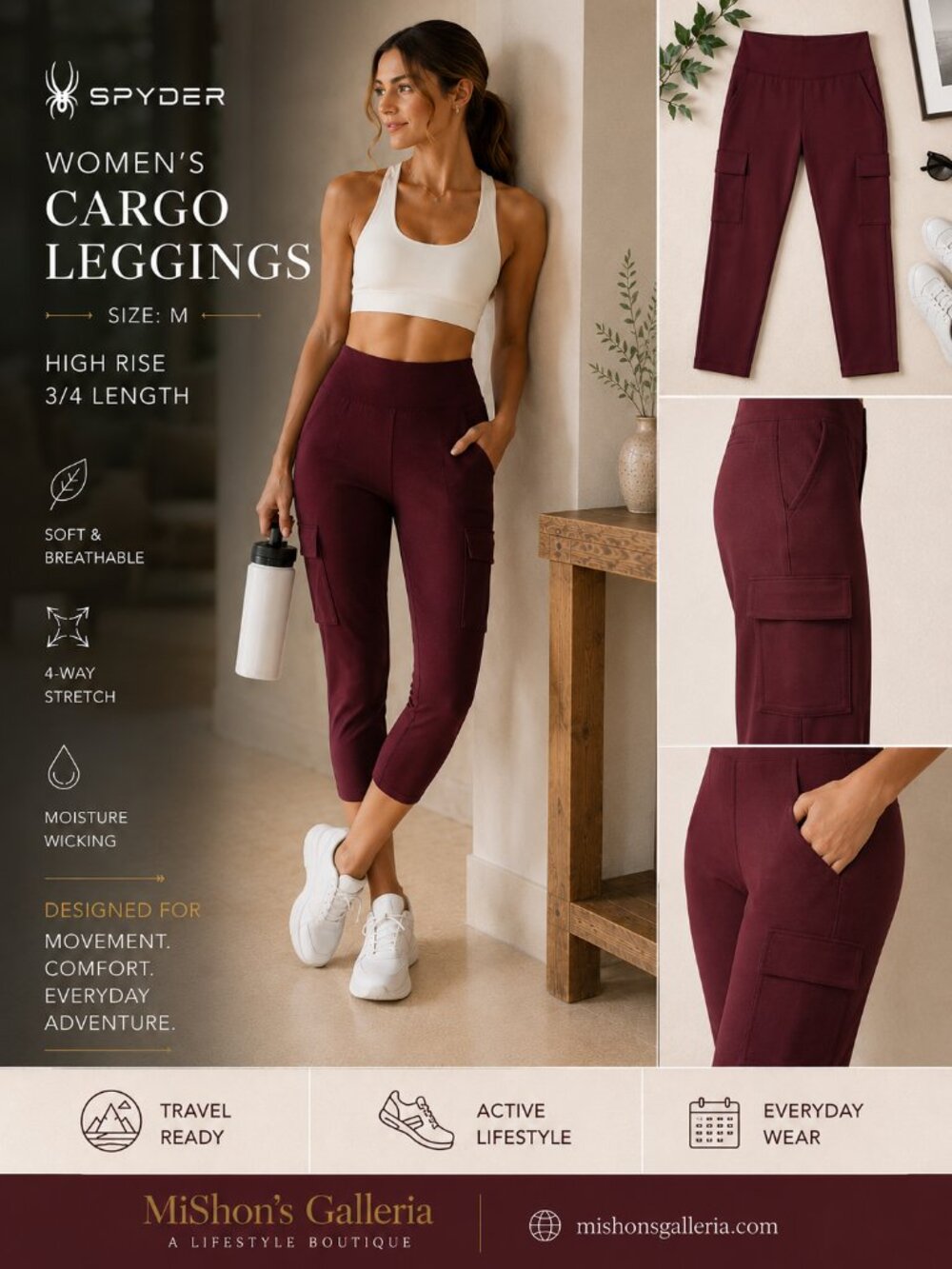 Spyder Cargo Performance Leggings Burgundy High Rise Utility Pockets 7/8 M NWOT